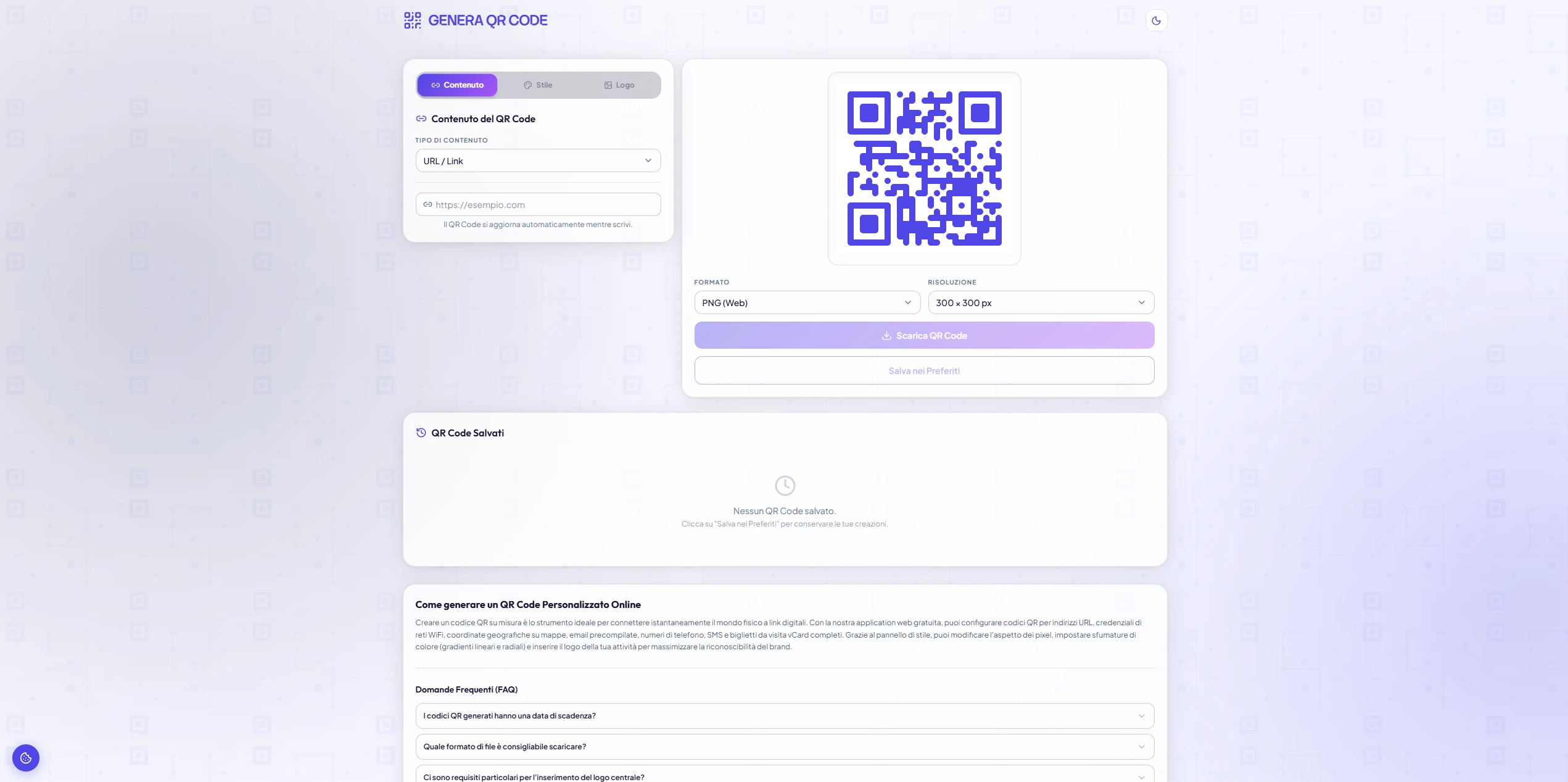 sezione sito Genera QR Code
